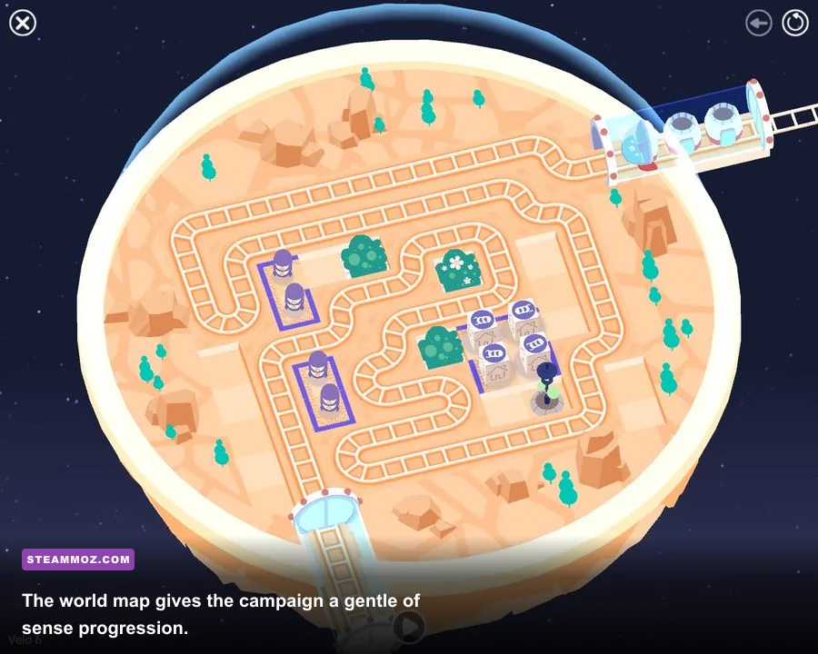 Cosmic Express level map showing completed and unfinished puzzle worlds