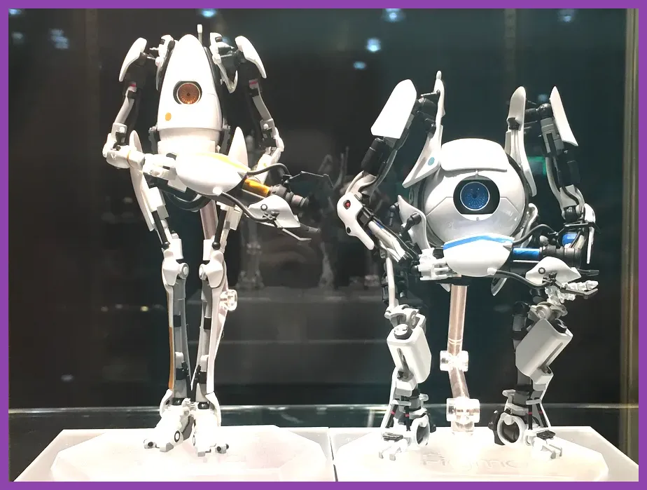 Co-op robots Atlas and P-Body in Portal 2 testing track