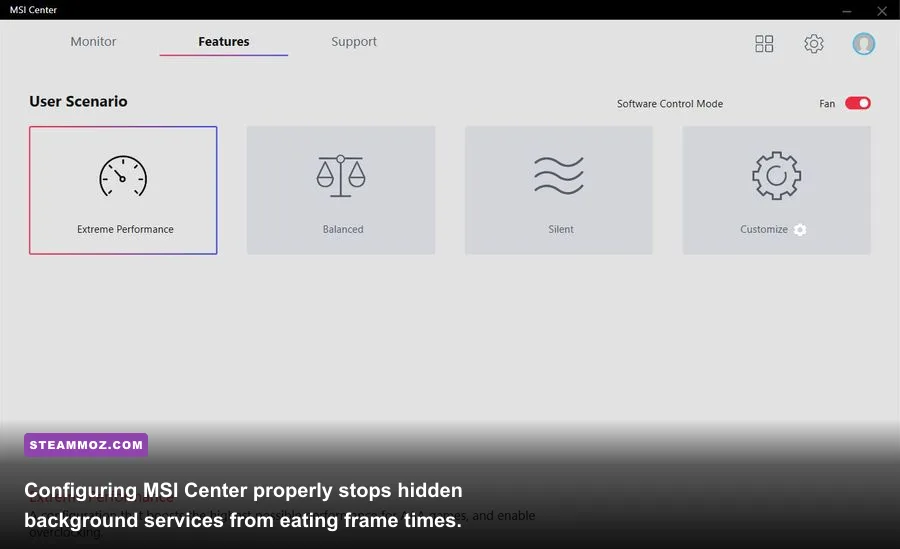 MSI Center dashboard showing User Scenario performance modes and hardware metrics