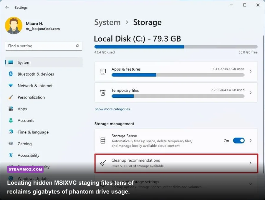 Windows Storage settings panel displaying app sizes and drive cleanup options