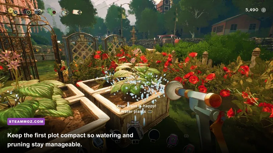 Early Garden Life campaign garden layout with planted beds and paths