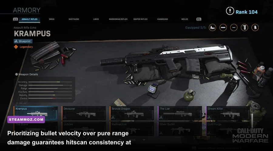 Warzone Gunsmith interface highlighting weapon recoil and bullet velocity stats