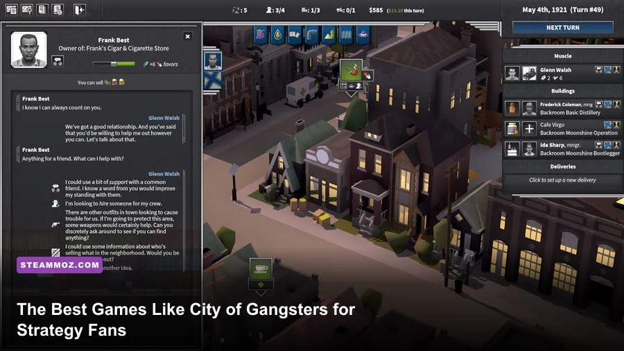 City of Gangsters gameplay showing a prohibition-era criminal business network