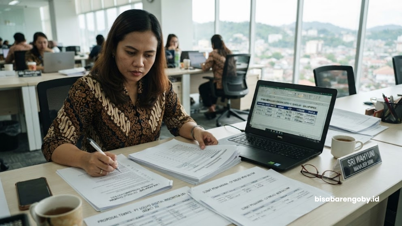 Manajer SDM menyeleksi dokumen proposal saat mengevaluasi vendor website sekolah untuk perusahaan di Balikpapan berbasis React