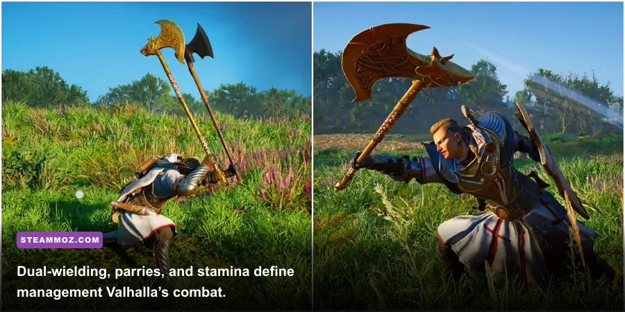 Eivor dual-wielding weapons during combat against Saxon soldiers