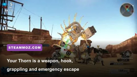Freedom Wars Remastered player using a Thorn weapon against an Abductor