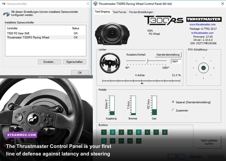 Thrustmaster control panel interface displaying gain force feedback and rotation angle settings