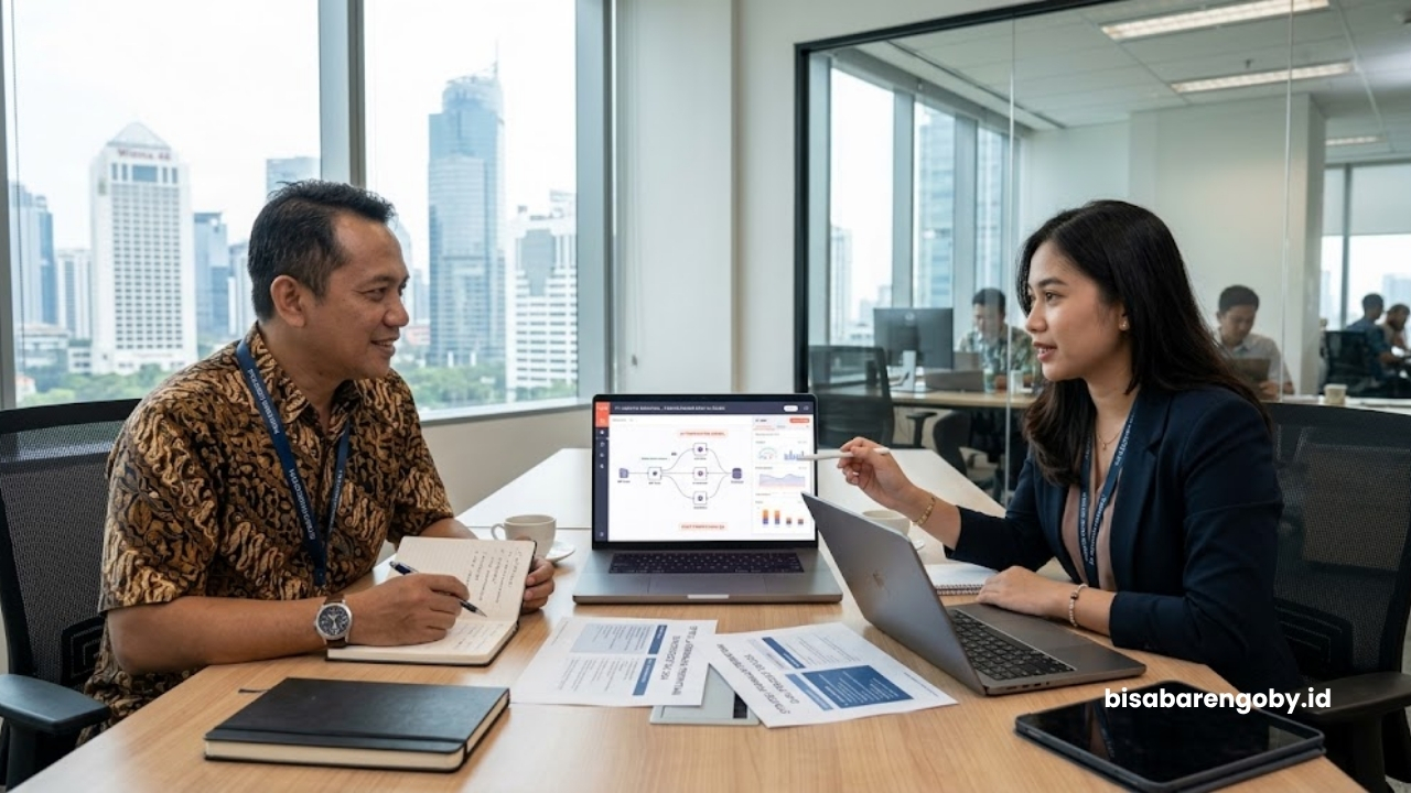 Manajer pengadaan berdiskusi dengan konsultan AI Forecasting untuk perusahaan di Indonesia berbasis n8n