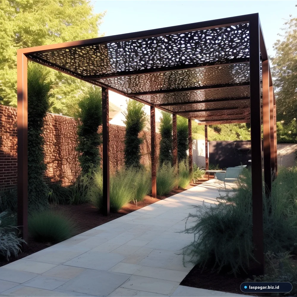 struktur pergola taman besi hollow modern minimalis di halaman rumah