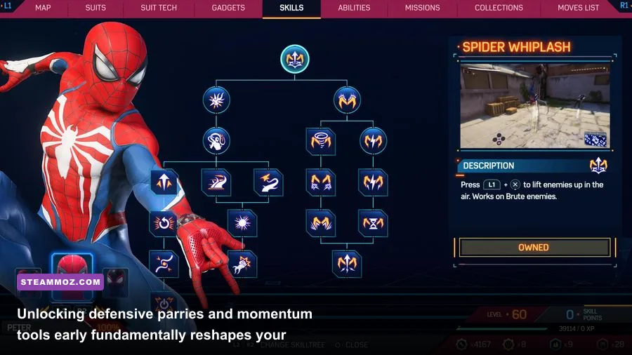 The skill tree interface in Spider-Man Remastered displaying unlockable abilities