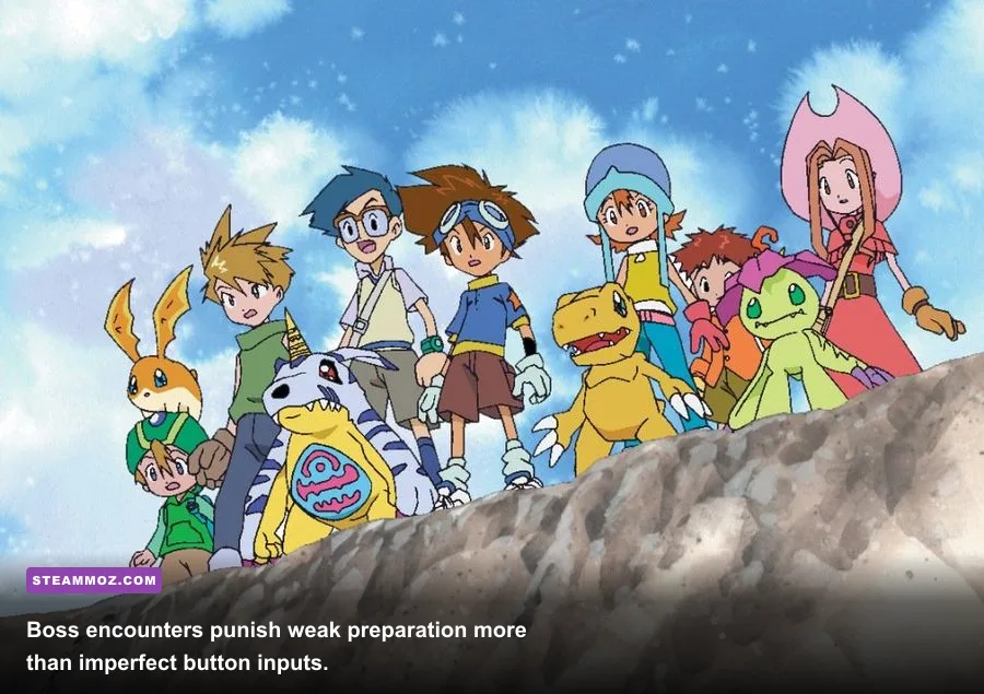 Partner Digimon fighting a powerful boss in Digimon World Next Order