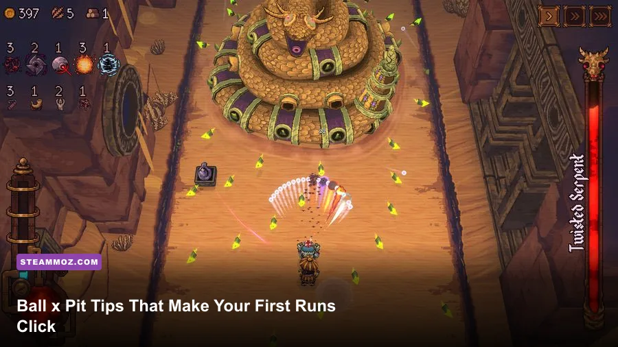 Ball x Pit gameplay showing a character firing bouncing balls through a crowded arena