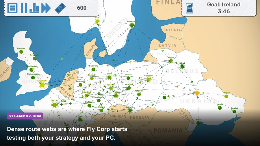 Fly Corp global route map packed with colorful airline connections