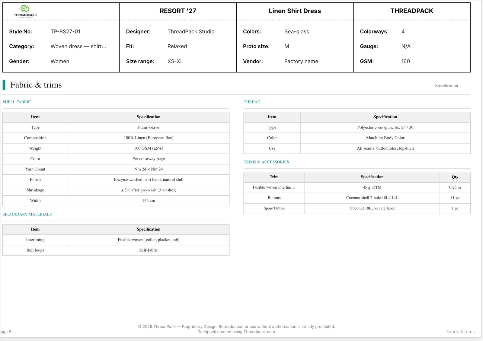 Tech pack page 8: fabric and trims specification