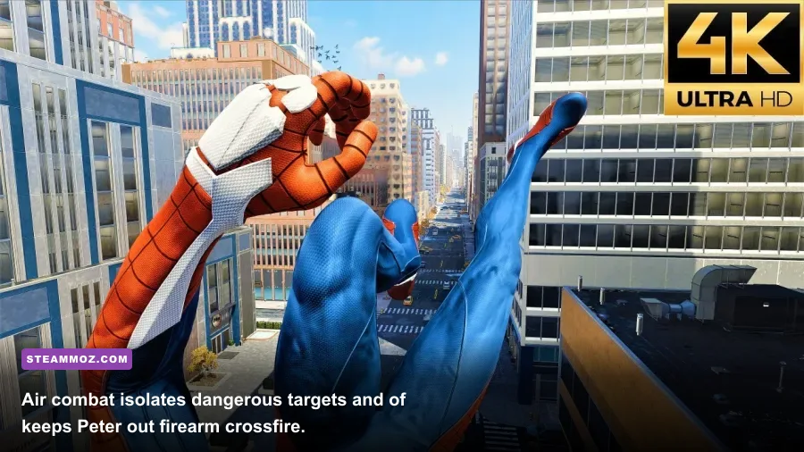 Spider-Man juggling a thug in mid-air using aerial combat skills