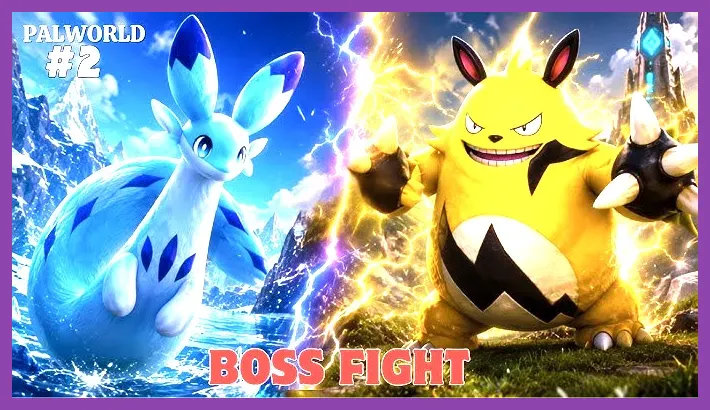 Player fighting Alpha Boss Chillet in Palworld for massive experience points.