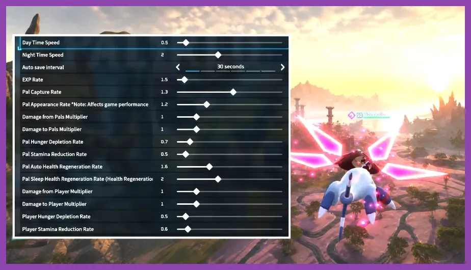 Palworld custom world settings menu showing the EXP Rate multiplier slider.