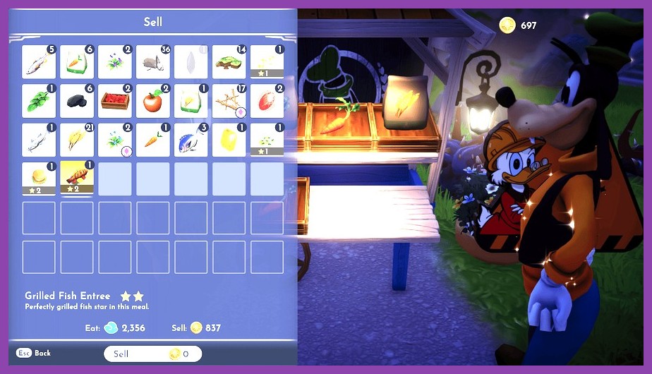 Goofy's stall interface showing item sales for Star Coins in Disney Dreamlight Valley