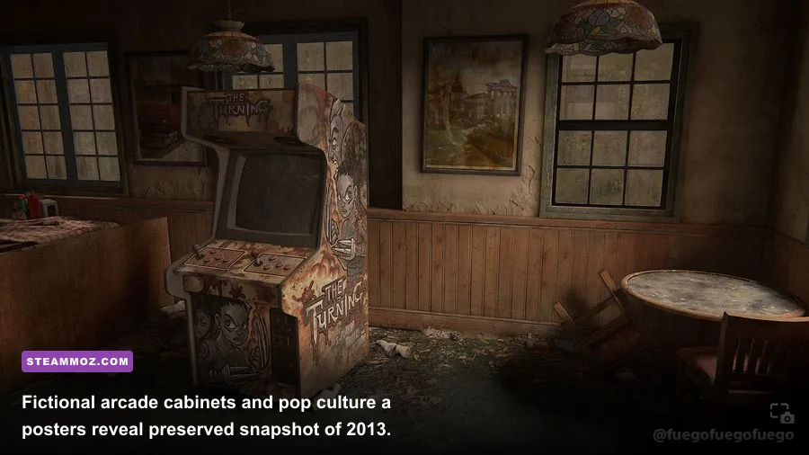 The Turning arcade cabinet glowing in an abandoned entertainment venue