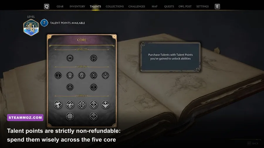 The Talents interface in Hogwarts Legacy displaying unlockable combat perks