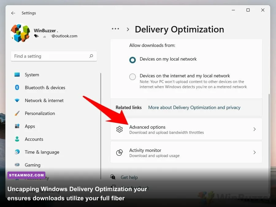 Windows Delivery Optimization advanced settings page showing bandwidth limits