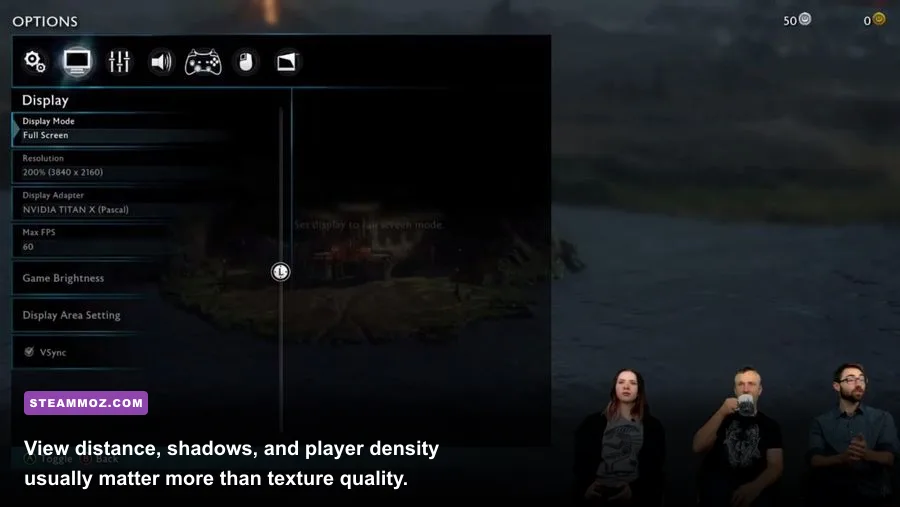 MMORPG PC graphics settings showing shadows, view distance, and crowd quality options