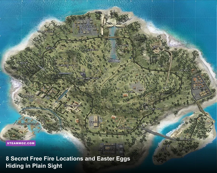 Garena Free Fire Bermuda map panoramic landscape featuring Clock Tower and surrounding terrain