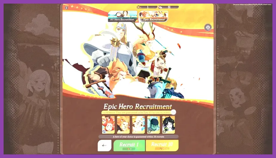 AFK Journey Epic Recruitment Invitation hero selection and wishlist menu
