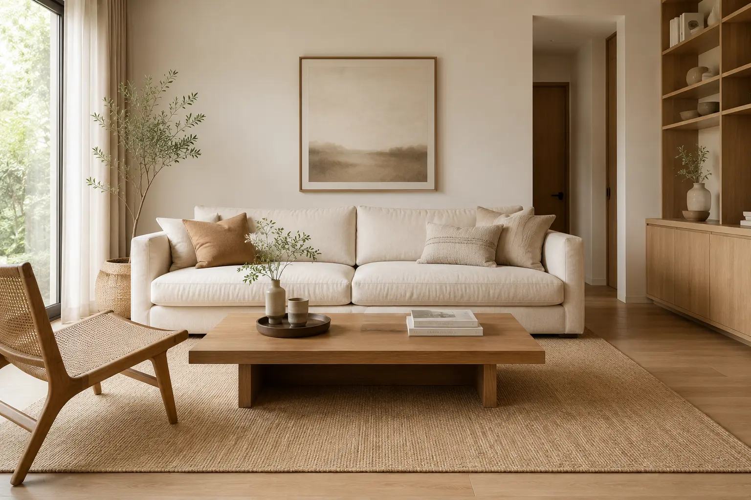 modern living room with sofa and coffee table arranged for balanced flow