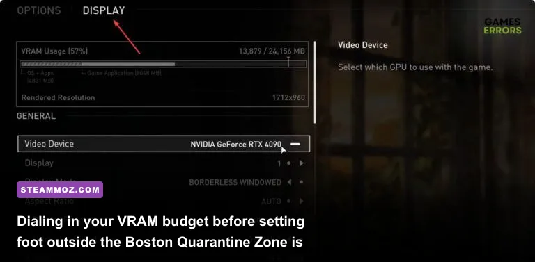In-game graphics options menu in The Last of Us Part 1 on PC highlighting VRAM usage
