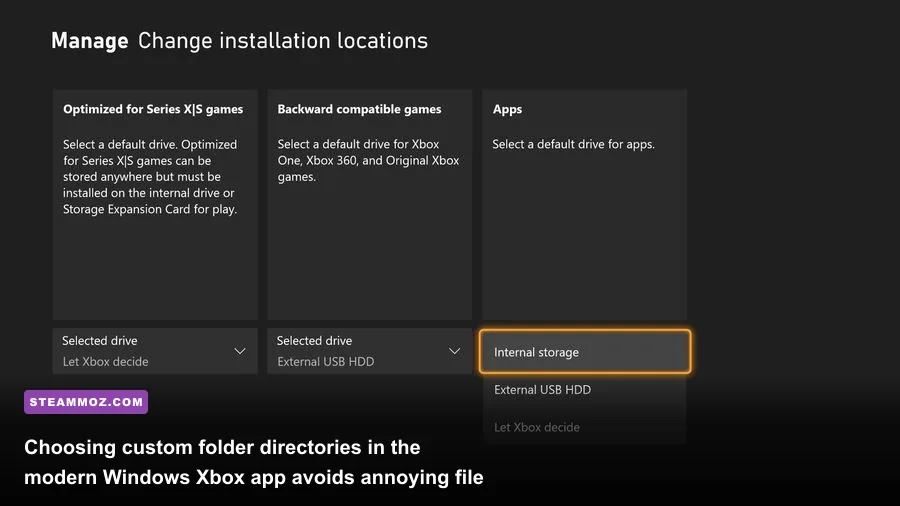 Xbox app storage and folder selection menu on Windows 11