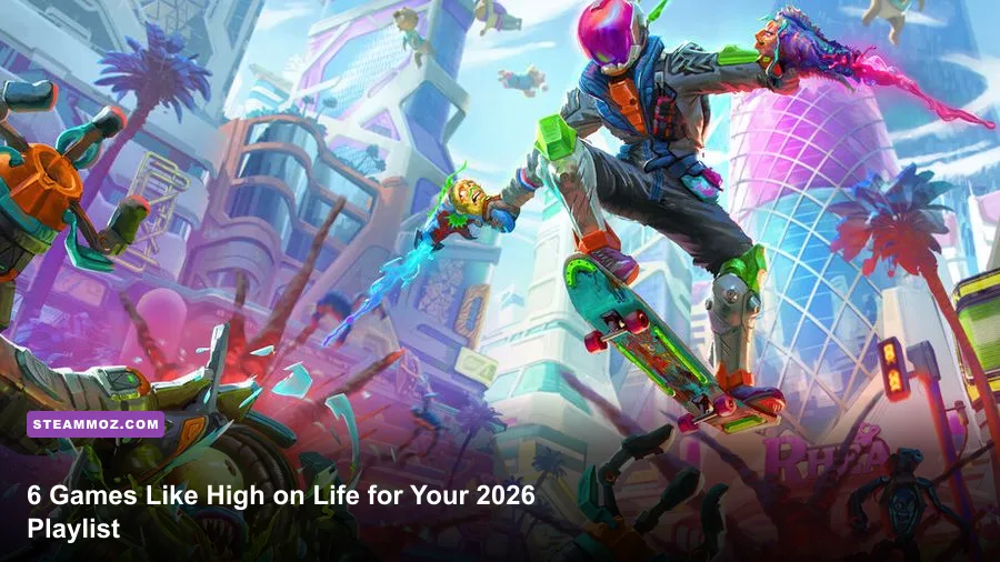 High On Life gameplay showing talking weapons and alien city combat