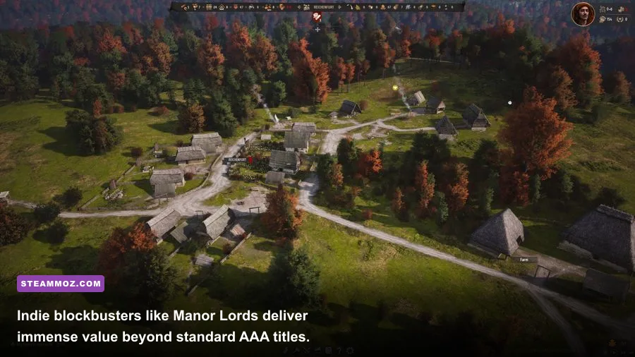 Manor Lords complex city layout running on PC with high visual fidelity