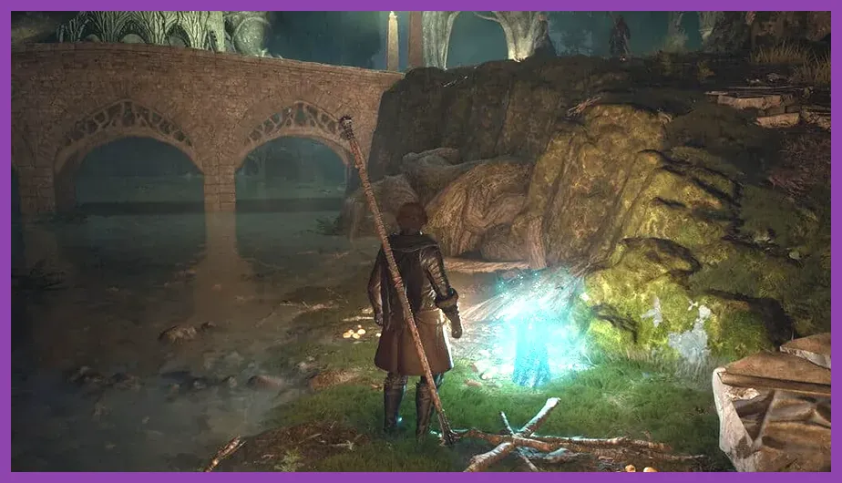 An Arisen character activating a Portcrystal using a Ferrystone in Dragon's Dogma 2