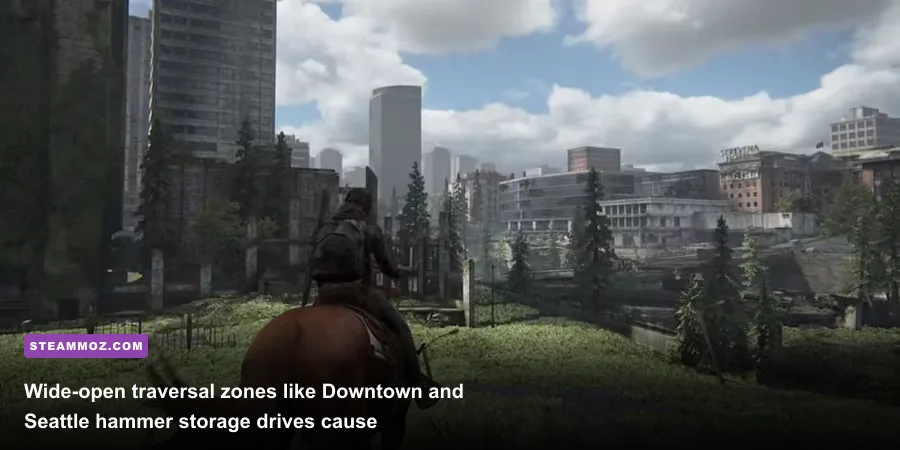 Ellie riding a horse through the flooded downtown district of Seattle