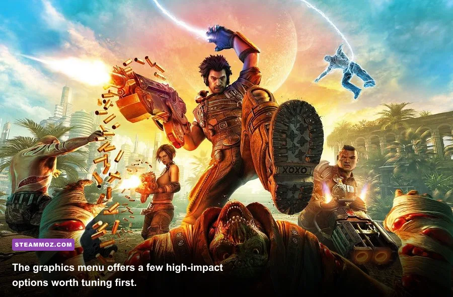 Bulletstorm Full Clip Edition PC graphics options menu with texture shadow and anti-aliasing settings
