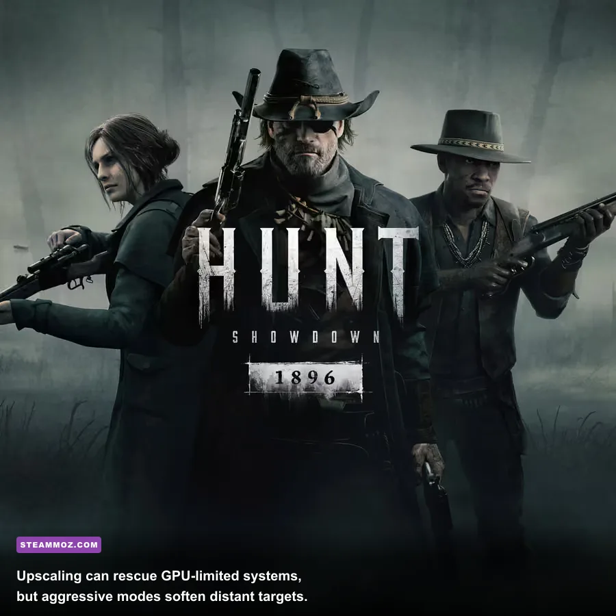 Hunt Showdown 1896 upscaling comparison showing native resolution DLSS and FSR