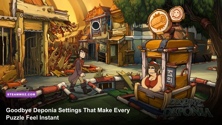 Goodbye Deponia gameplay showing Rufus in a colorful Deponia environment