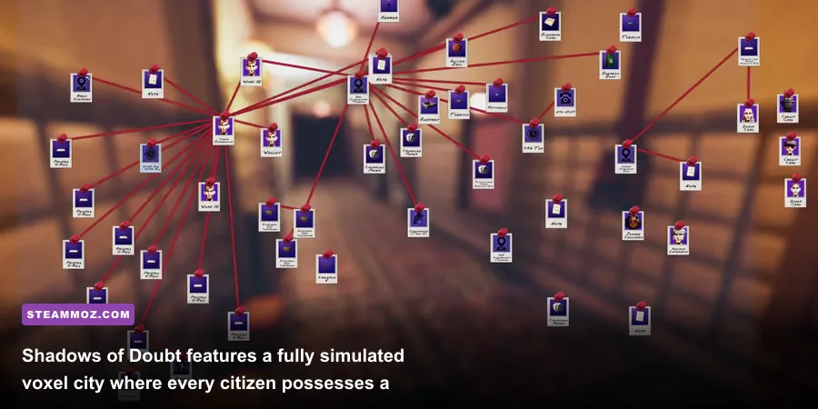 Detailed investigation corkboard with red yarn connecting suspects in Shadows of Doubt