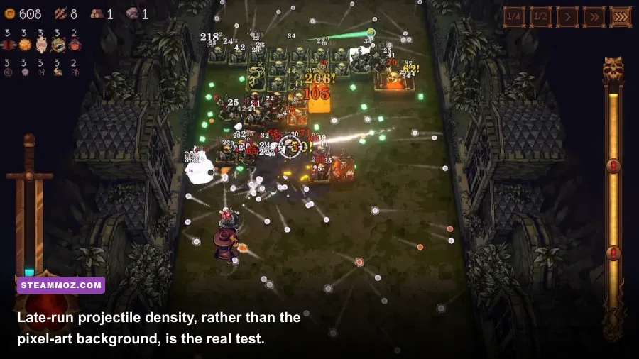 BALL x PIT late-run combat with numerous balls, enemies, hit effects, and damage numbers visible