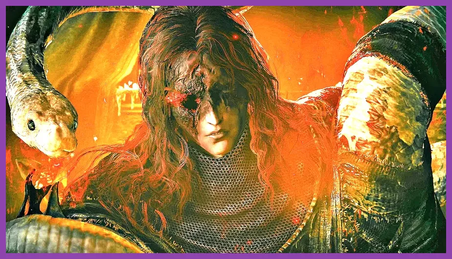 Messmer the Impaler boss fight featuring heavy flame particle effects in Elden Ring DLC