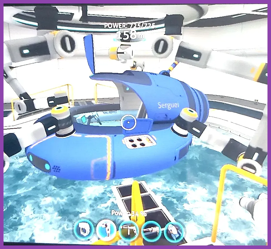 Subnautica 2 small submarine docked inside an underwater base