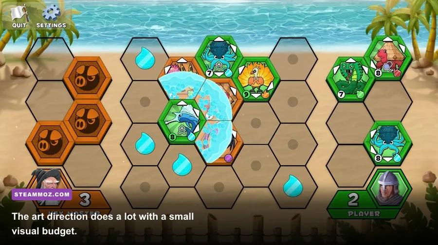 Attack on Hex Island PC gameplay featuring stylized island scenery and hex tiles