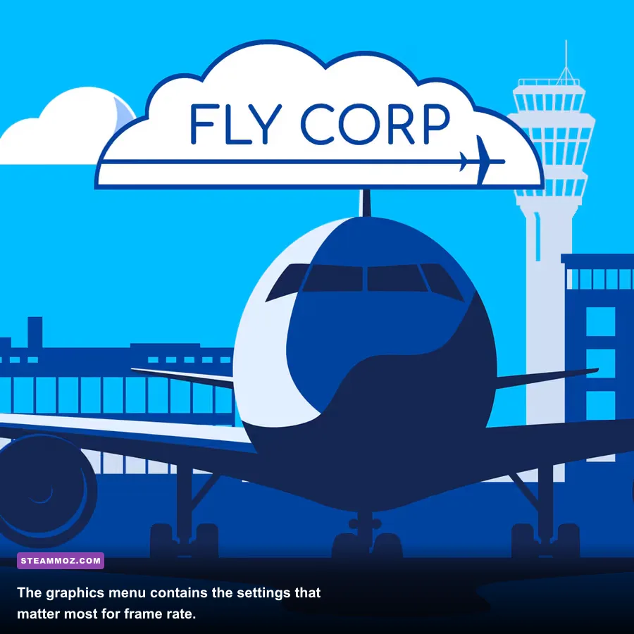 Fly Corp graphics settings menu showing resolution fullscreen and VSync options