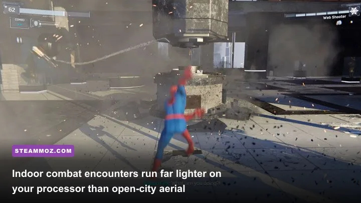 Intense combat sequence with web gadgets and electric punch effects in Fisk Tower