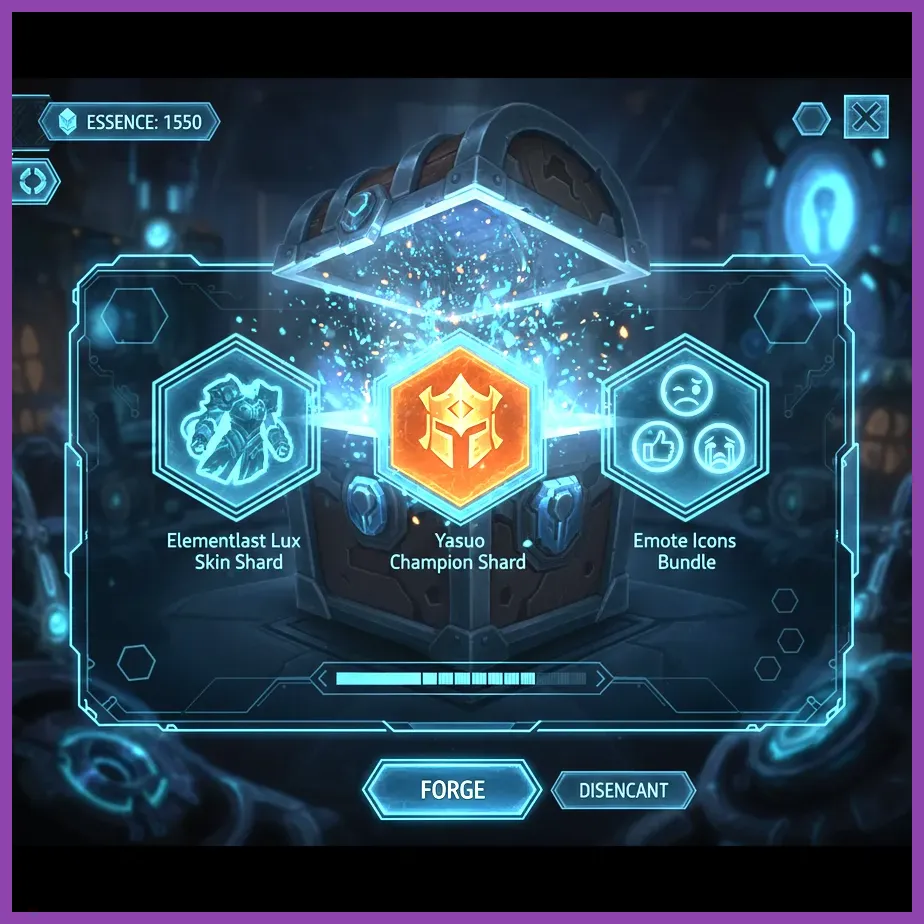 League of Legends Hextech Crafting loot tab showing skin shards and crafting materials
