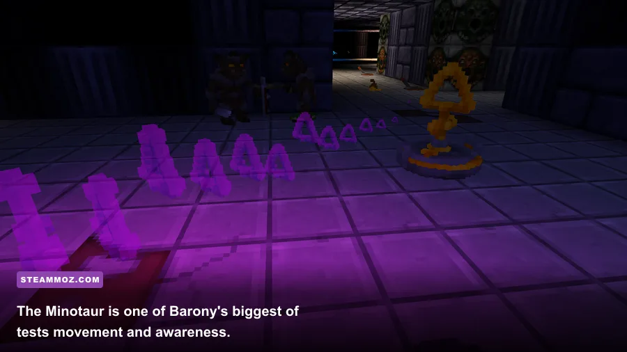 Barony player fighting the Minotaur in a dungeon corridor