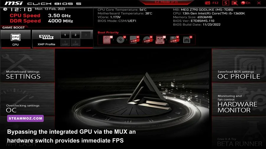 MSI Click BIOS menu displaying graphics device selection and MUX switch options