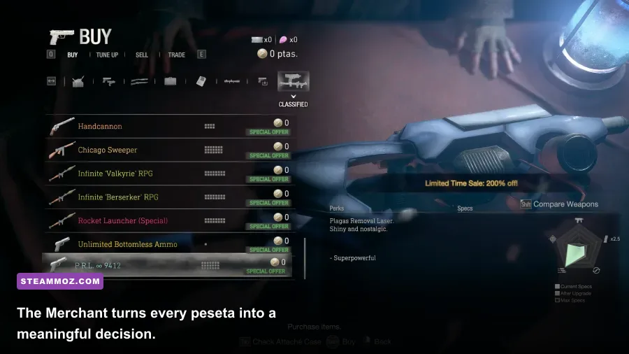 The Merchant weapon upgrade menu showing guns and upgrade costs in Resident Evil 4 remake