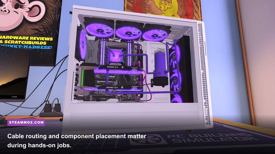 PC Building Simulator 2 cable management and component installation in the workshop